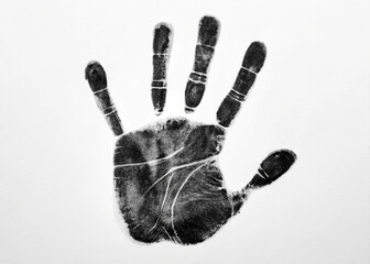 Smudged and detailed black handprint impression, evoking themes of crime scene analysis, personal marking, or symbolic art