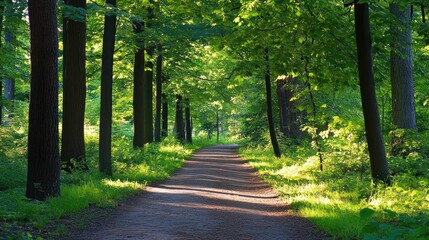 Fototapeta premium Peaceful Tree-Lined Pathway Through Lush Green Forest Landscape