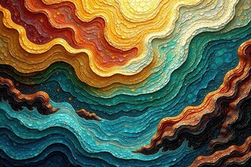 Fototapeta premium Abstract Wavy Landscape of Vivid Hues and Textured Layers in a Dreamlike Composition