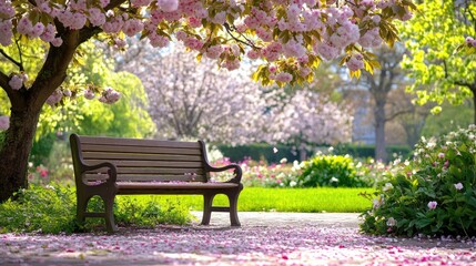 Fototapeta premium Serene Park Bench Under Blooming Cherry Blossom Trees in Spring