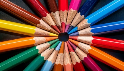 Fototapeta premium Ultra macro shot of colored pencil tips arranged in a perfect circular pattern, with high detail on the sharp tips and vibrant color pigments.