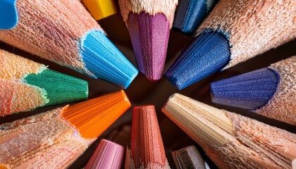Ultra macro shot of colored pencil tips arranged in a perfect circular pattern, with high detail on the sharp tips and vibrant color pigments.