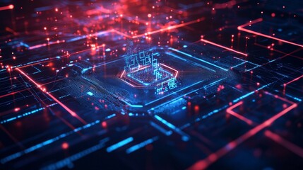 Fototapeta premium Multi-layered cyber protection field emanating from central core, geometric security patterns, interwoven digital safeguard mesh, advanced network visualization, flowing data streams, dark tech