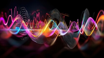 Abstract Background with Neon Organic Spectrum Effects Concept. Colorful Abstract Sound Waves and Vibrant Light Patterns on Black