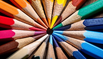 Naklejka premium Ultra macro shot of colored pencil tips arranged in a perfect circular pattern, with high detail on the sharp tips and vibrant color pigments.