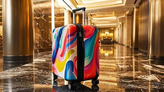 A vibrantly colored suitcase on wheels, standing in a luxurious golden hotel hallway, travel concept.