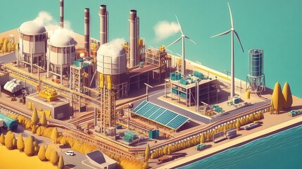 Fototapeta premium clean energy factory under construction, with wind turbines, solar panels, and other renewable technology