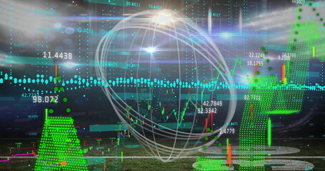 Image of globe, financial data processing over city lights