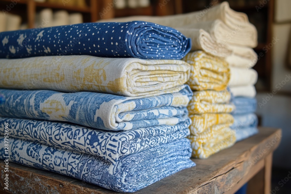 Poster stack of colorful patterned fabrics neatly folded on rustic wooden table in natural light capturing 
