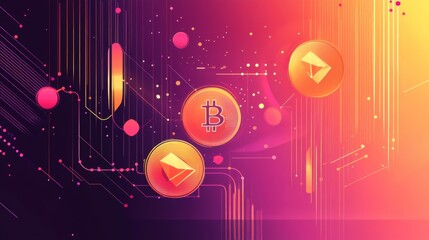 Modern cryptocurrency ecosystem illustration, flat design trading interface, flowing blockchain connections, minimal geometric coin symbols, clean vector wallet visualization, subtle gradient