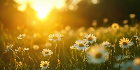 A golden hour shot of a meadow filled with daisies © Pech