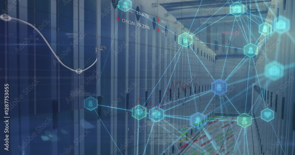 Poster image of globe with connections and data processing over computer servers
