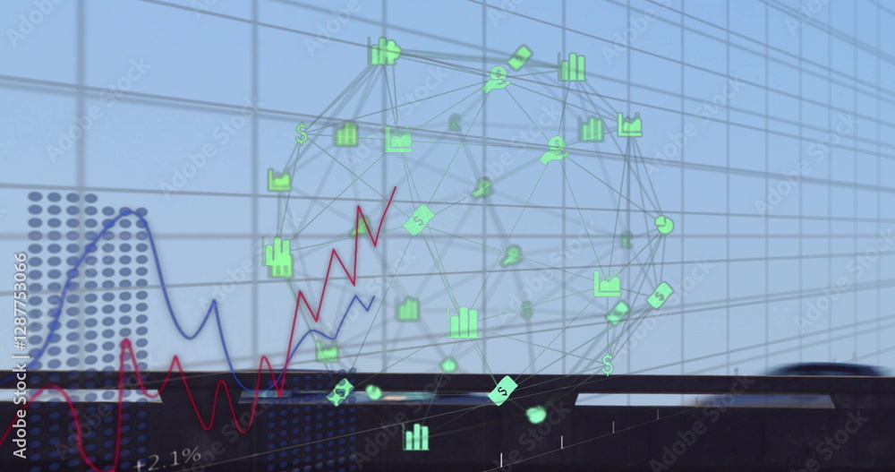 Poster image of globe with connections and data processing over grid