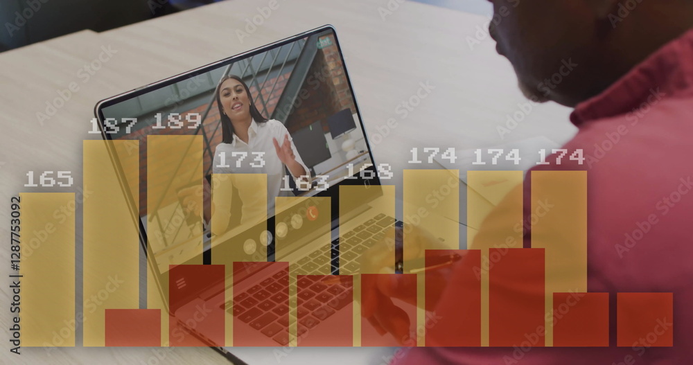 Poster image of data processing over african american businessman using laptop on image call