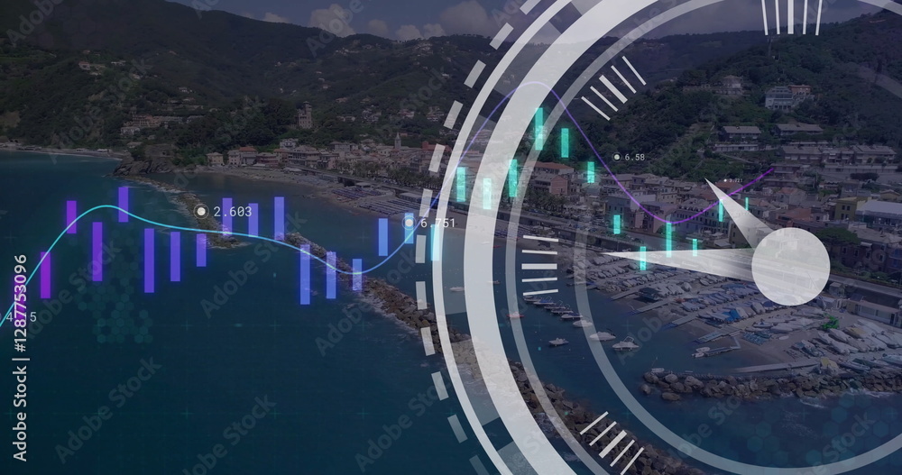 Poster image of financial data processing and clock over cityscape