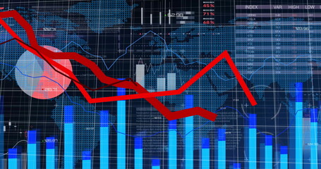 Image of data processing over grid and dark background