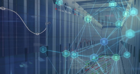 Image of globe with connections and data processing over computer servers