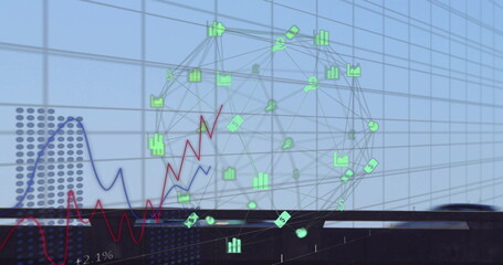 Image of globe with connections and data processing over grid