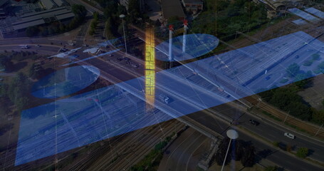 Image of financial data processing over cityscape