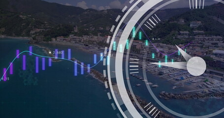 Image of financial data processing and clock over cityscape