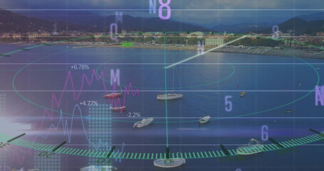 Image of financial data processing over cityscape