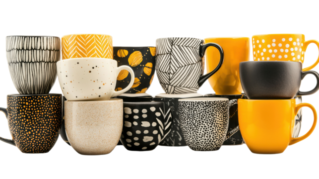 A collection of various colorful and patterned ceramic mugs and cups arranged in an display on a tabletop  The assortment includes a range of designs textures and styles