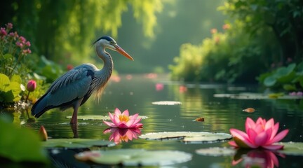 Naklejka premium Serene heron wading in a tranquil pond amongst vibrant pink water lilies, bathed in the soft morning light