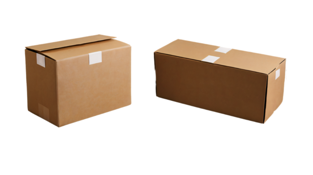  two brown cardboard boxes against a white background. One box is square-shaped and sealed with tape, while the other is rectangular and also sealed. 