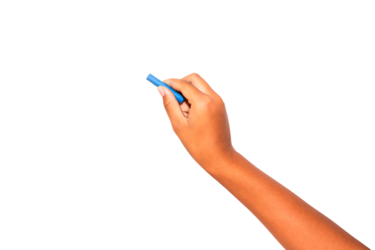 Girl's hands holding chalk isolated on transparent background.