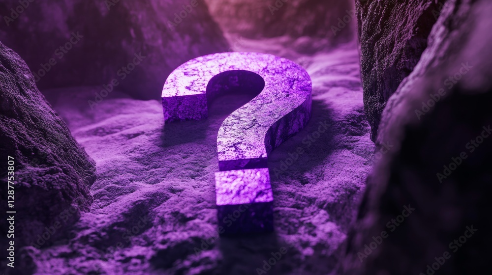 Aufkleber mystical purple question mark carved into rocky surface illuminated by moody light. enigma and myste