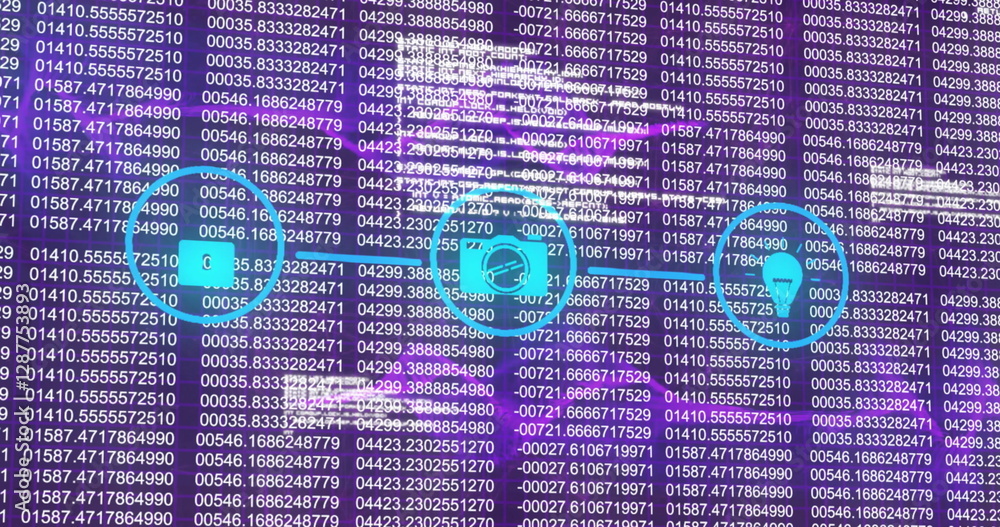 Poster image of network of connections with icons over data processing