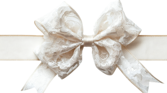 Elegant and luxurious white lace bow ribbon on a soft sheer and diaphanous fabric background  The delicate flowing and cascading lace creates a romantic vintage and aristocratic aesthetic