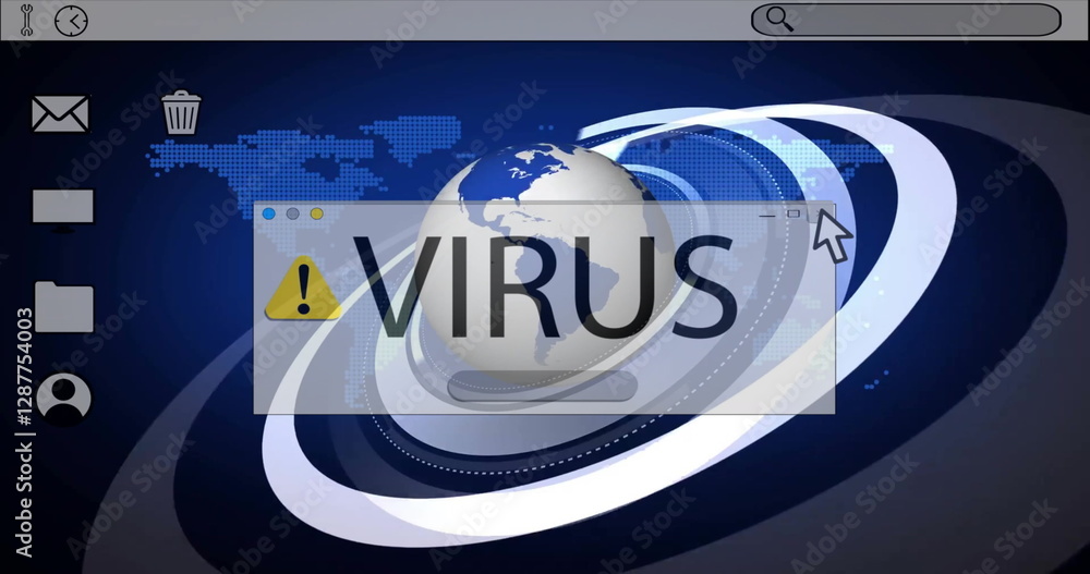 Poster image of virus warning text and data processing over globe