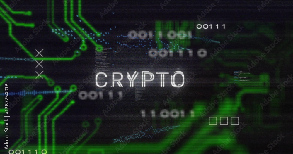 Poster image of circuit board, crypto text and data processing over black background