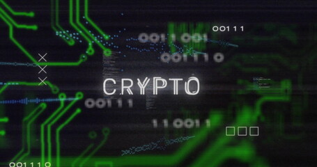 Image of circuit board, crypto text and data processing over black background