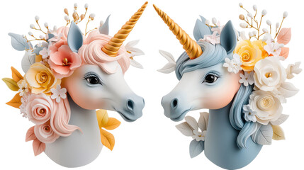Fototapeta premium Pair of Ornate Unicorn Heads with Elegant Floral Wreaths in Soft Pastel Colors Fantasy for Decorative Romantic or Mythological Themed Designs