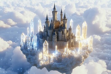 Majestic floating crystal castle surrounded by clouds and stars in a magical landscape