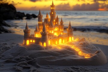 Sandcastle masterpiece glows at sunset on a beach with crashing waves