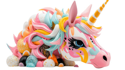 Colorful Whimsical Unicorn Fantasy Creature with Vibrant Iridescent Textures and Patterns  Digital 3D render of a magical mythical animal in a surreal imaginative style with pastel colors glitter