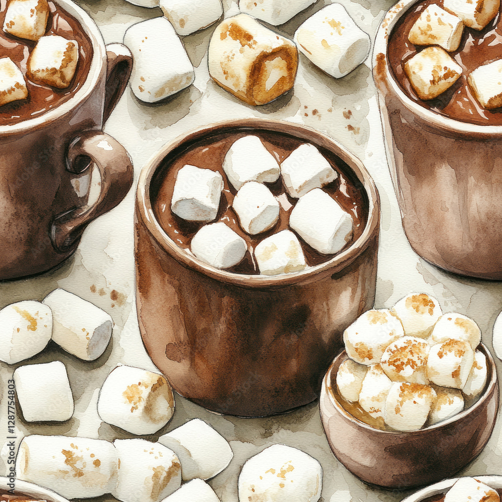 Poster cocoa mugs with marshmallows on light speckled surface, arranged in a repeating pattern