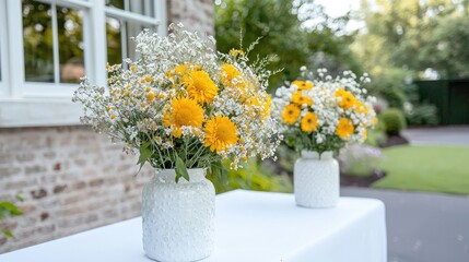 Fototapeta premium Yellow and white flowers in vases on a patio table. Outdoor bouquet display. Possible use for home decor or floral design articles
