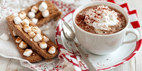 Delicious hot chocolate with whipped cream and marshmallows accompanied by sweet biscotti on a festive table