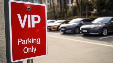 VIP parking sign indicating exclusive area for special vehicles near modern buildings in urban setting