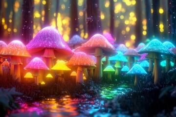 Vibrant bioluminescent mushrooms illuminate a mystical forest pathway during twilight hours