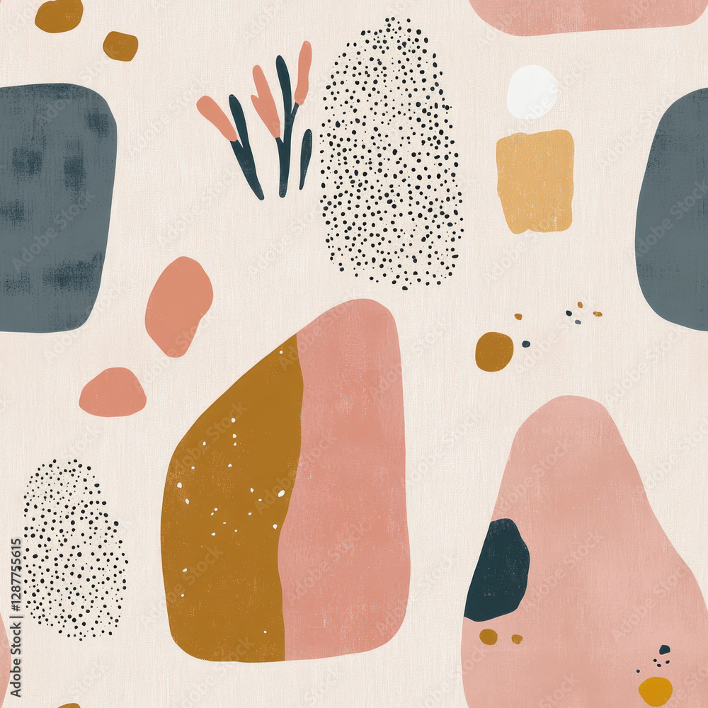 Poster colorful abstract shapes scattered on neutral background, creating a pattern