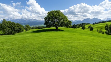 Obraz premium Sunny Meadow Landscape with Single Tree and Mountains