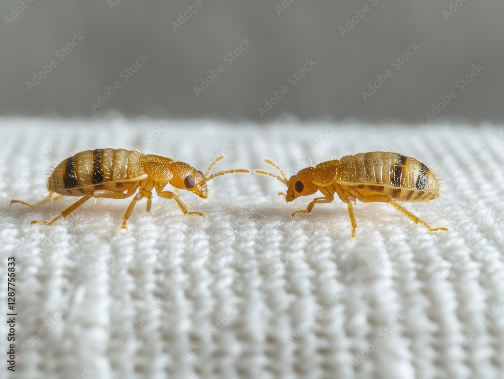 Aufkleber two tiny psocids facing each other on a white knitted surface in sharp focus macro shot