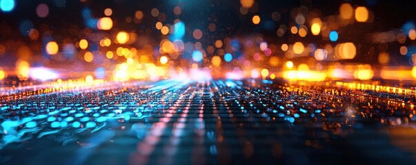 Abstract Background with Neon Organic Spectrum Effects Concept. Vibrant Blue and Orange Light Reflections on Digital Surface
