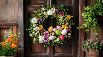 Fototapeta premium Colorful Easter Wreath with Flowers and Eggs on Wooden Door