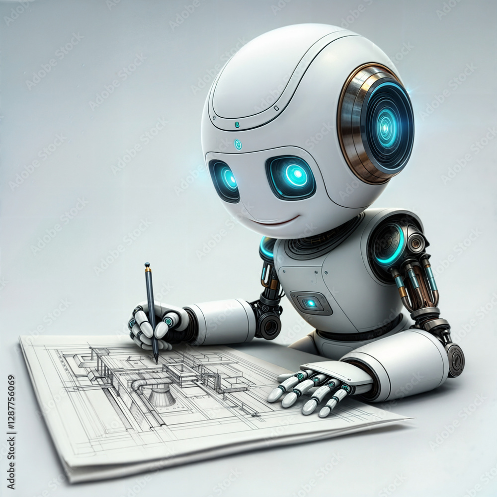Poster robot engineer works on construction project drawings. generative ai